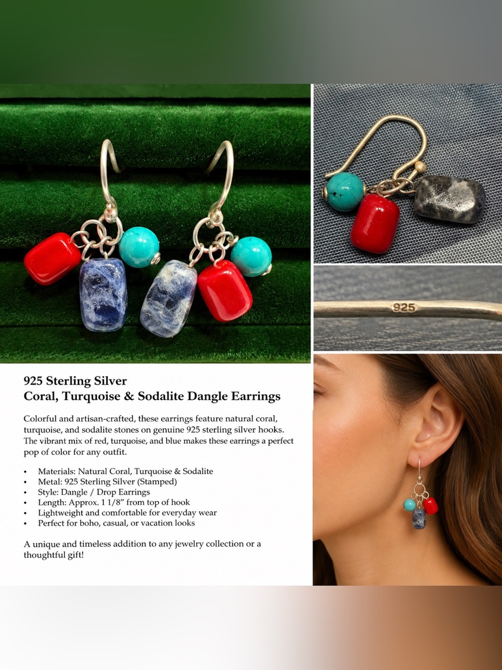 Sterling Silver Coral, Turquoise & Sodalite Dangle Earrings
